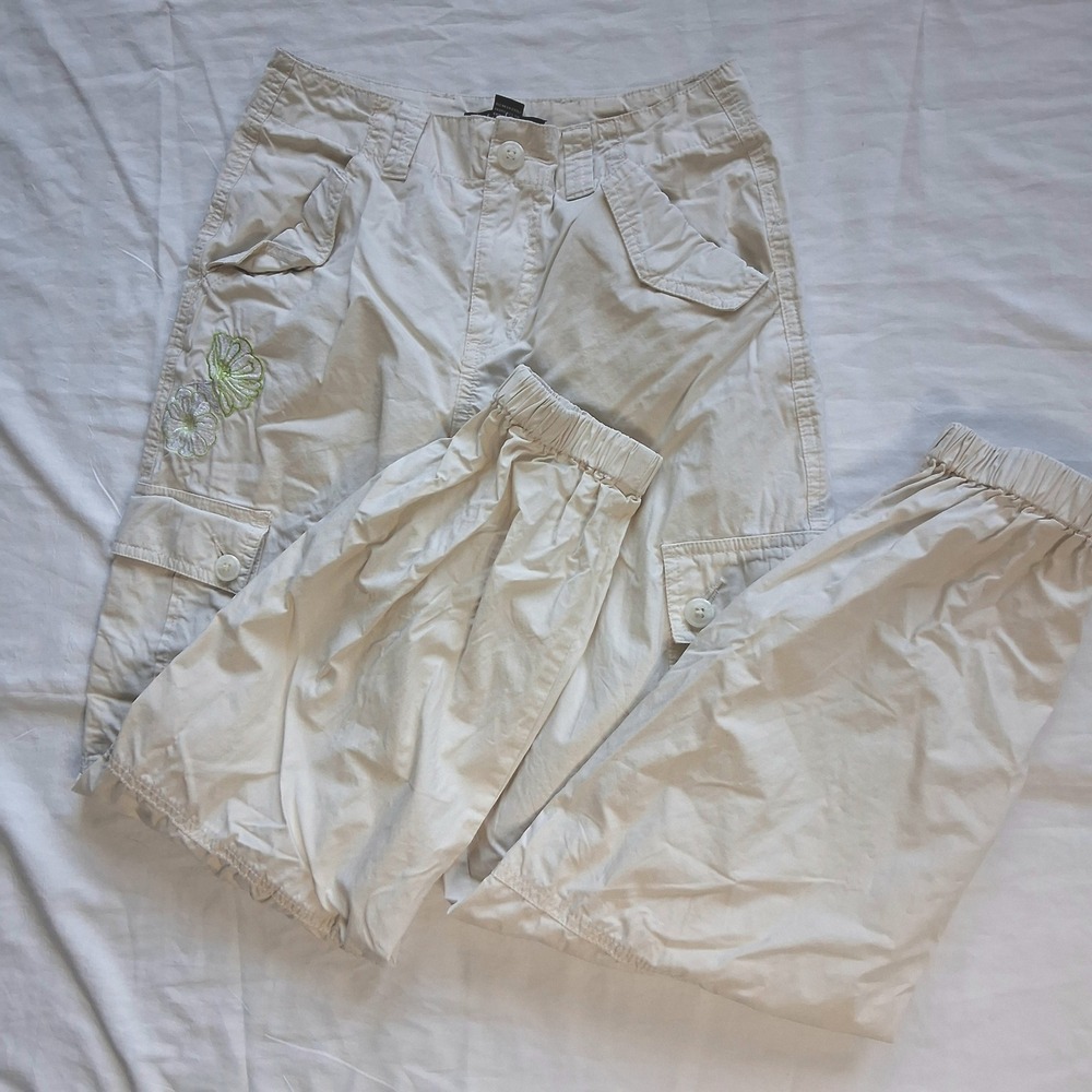 Forever 21 Beige Floral Embroidered Cargo Pants Elastic Hem Drawstring Waist
